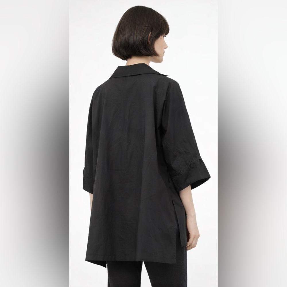 DEMOO Black Cotton Nylon Asymmetrical Button Down Top Korean Designer S/M - Picture 2 of 10